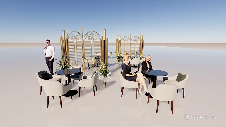 Golden Modern Art Installation With Decorative Screens And Plant Decorations In Open Space 3d model 