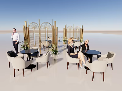 Golden Modern Art Installation With Decorative Screens And Plant Decorations In Open Space 3d model