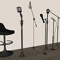 Vintage Microphones With Metal Stands And Black Leather Bar Stool In Studio