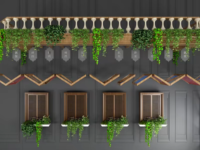 Modern Casement Windows With Wooden Frames And Green Hanging Plants On Gray Walls 3d model
