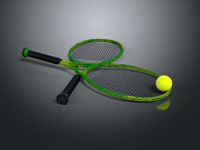Two Green Frame Black Handle Tennis Rackets With Yellow Ball Sports Equipment 3d model