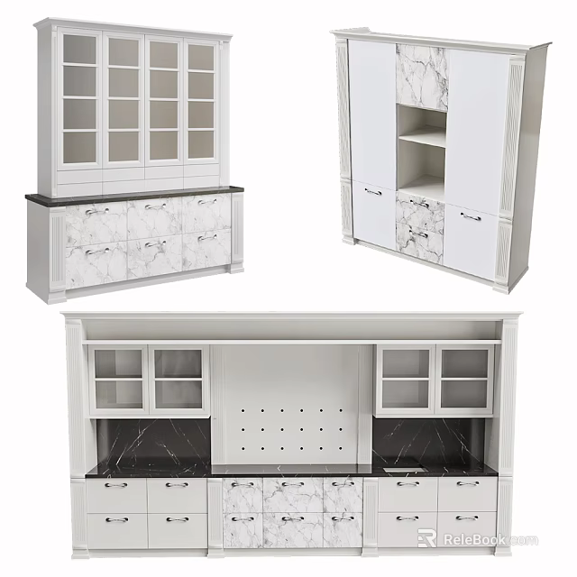 Modern Kitchen Cabinets With Marble Panels Glass Doors And Storage Shelves 3d model 