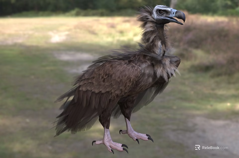 Brown Feathered Vulture With Bald Head Standing On Grassy Field In Natural Habitat 3d model 