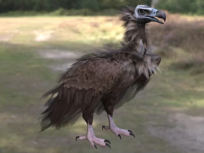 Brown Feathered Vulture With Bald Head Standing On Grassy Field In Natural Habitat 3d model