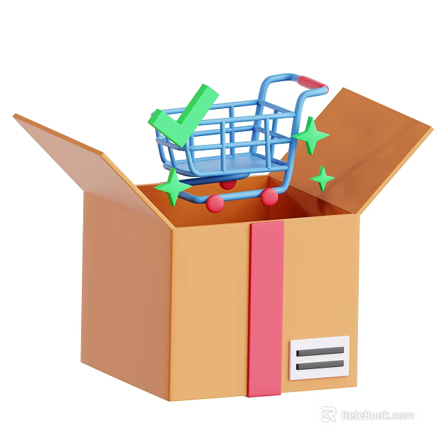 Adorable Decorative Ornament Set With Open Cardboard Box Blue Shopping Cart Green Check And Stars 3d model 