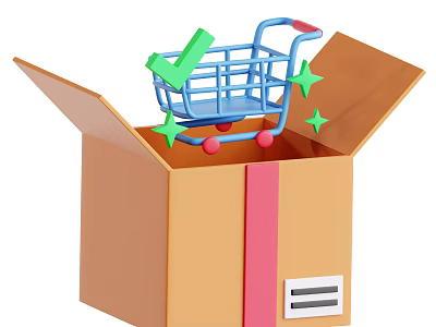 Adorable Decorative Ornament Set With Open Cardboard Box Blue Shopping Cart Green Check And Stars 3d model