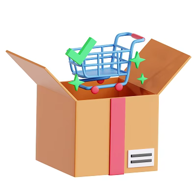 Adorable Decorative Ornament Set With Open Cardboard Box Blue Shopping Cart Green Check And Stars 3d model