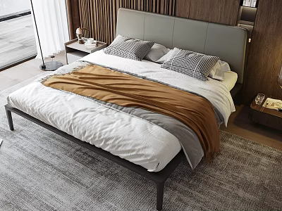Modern Double Bed With Wooden Headboard White Sheets Brown Blanket Two Pillows And Nightstand 3d model