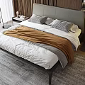 Modern Double Bed With Wooden Headboard White Sheets Brown Blanket Two Pillows And Nightstand