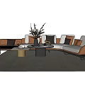 Modern Sofa Coffee Table Set With White Brown Cushions Round Table Decorative Branches Dark Rug 3d model