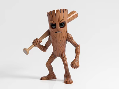 Stylized Wooden Tree Game Movie Character Holding Baseball Bat With Big Black Eyes 3d model