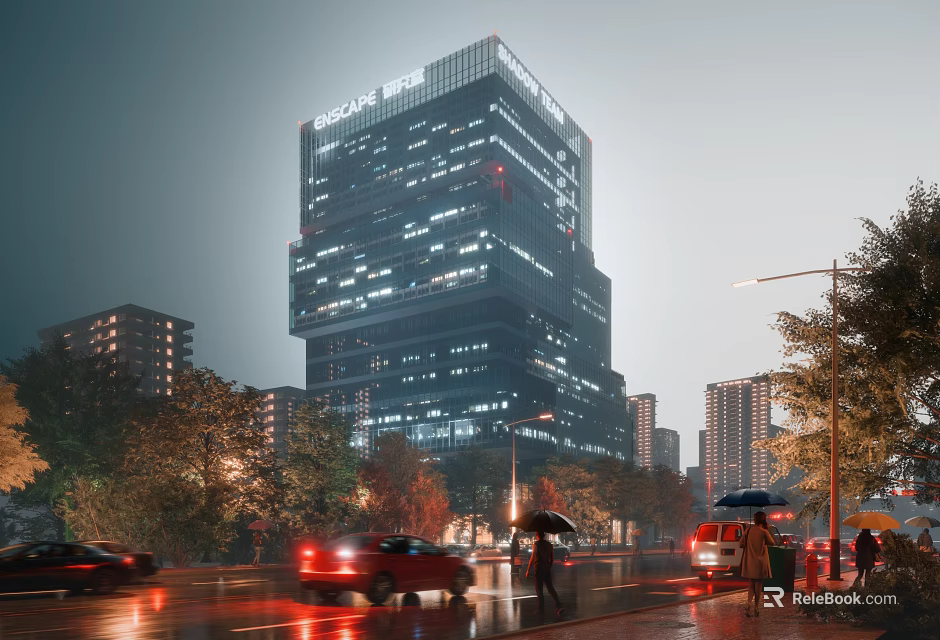 Modern Global Office Tower With Glass Facade Evening Lights Urban Street Pedestrians Trees 3d model 