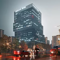 Modern Global Office Tower With Glass Facade Evening Lights Urban Street Pedestrians Trees