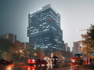Modern Global Office Tower With Glass Facade Evening Lights Urban Street Pedestrians Trees 3d model