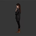 Cute Child In Black Clothing Standing Against Grey Background With Hand On Chin