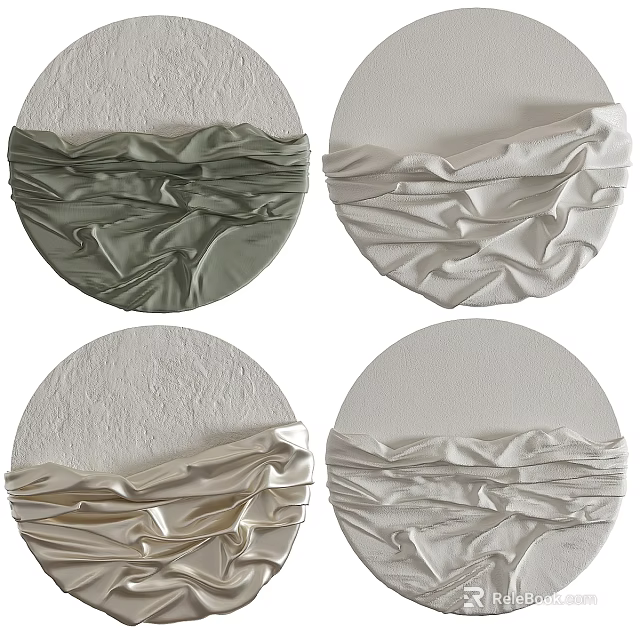 Minimalist Circular Abstract Paintings With Textured Fabric Like Folds In Green White Beige Tones 3d model 