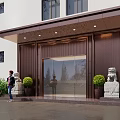 Elegant Entrance Gate Of White Building With Glass Door Stone Lion Statues And Green Shrubs