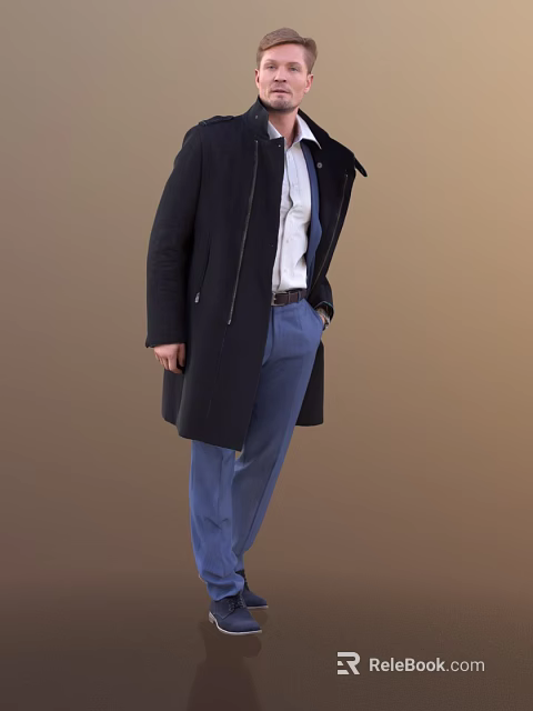 A Man Wearing Black Coat White Shirt And Blue Pants On Brown Background 3d model 