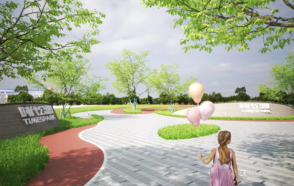 Park Landscape With Winding Pathway Green Trees Grass And Little Girl Holding Balloons 3d model 