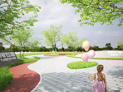 Park Landscape With Winding Pathway Green Trees Grass And Little Girl Holding Balloons 3d model