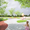 Park Landscape With Winding Pathway Green Trees Grass And Little Girl Holding Balloons