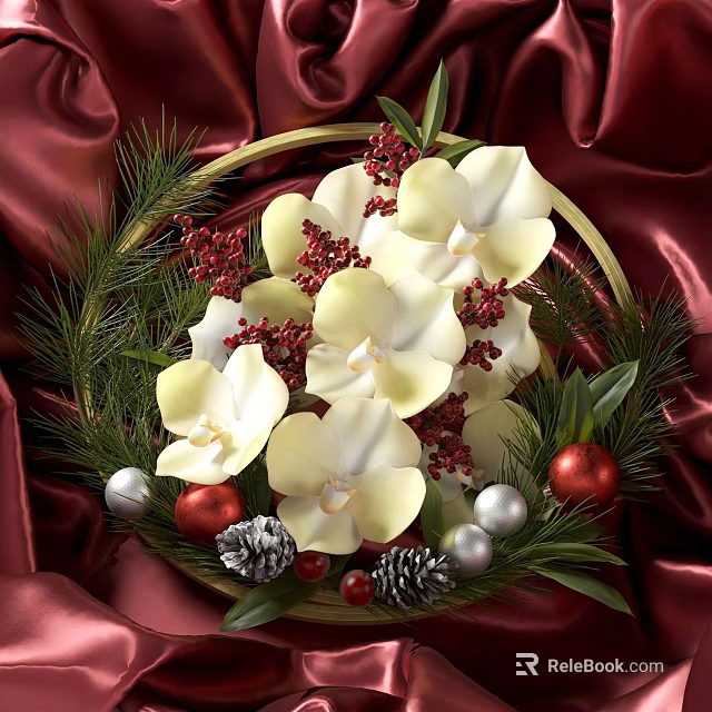 White Orchid Flowers In Golden Basket With Red Berries Pine Branches And Decorative Balls 3d model 