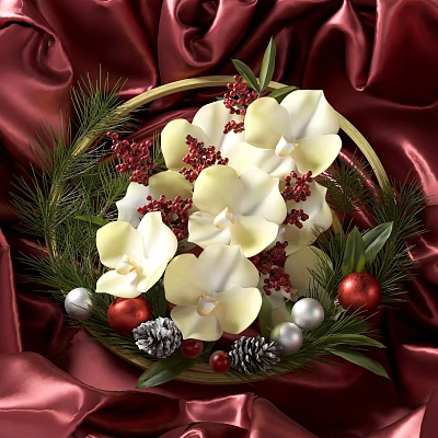 White Orchid Flowers In Golden Basket With Red Berries Pine Branches And Decorative Balls 3d model