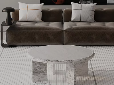 Modern Brown Velvet Sofa And Round Marble Coffee Table With Decorative Pillows 3d model