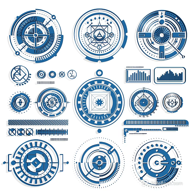 Blue Tech Interface Design With Circular Dials Charts And Geometric Elements 3d model
