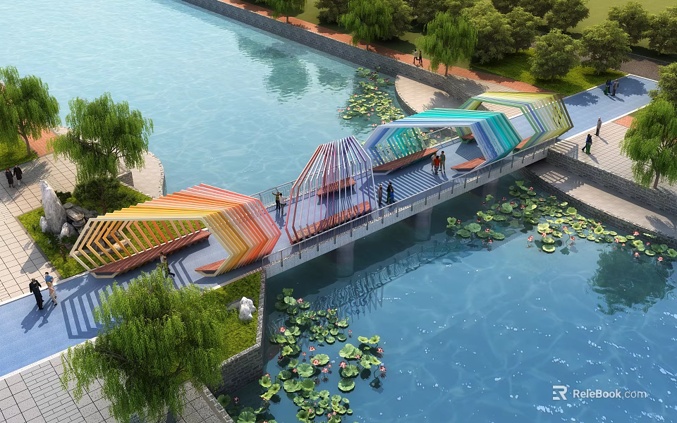 Colorful Modern Bridge Over River With Green Plants Lotus Leaves And Pedestrians 3d model 