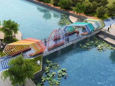 Colorful Modern Bridge Over River With Green Plants Lotus Leaves And Pedestrians 3d model