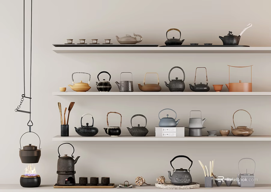 Assorted Tea Sets Collection Featuring Teapots and Teacups on Tiered Shelves 3d model 