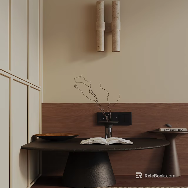 Modern Sofa Coffee Table Set With Wooden Table Decorative Branches And Open Book 3d model