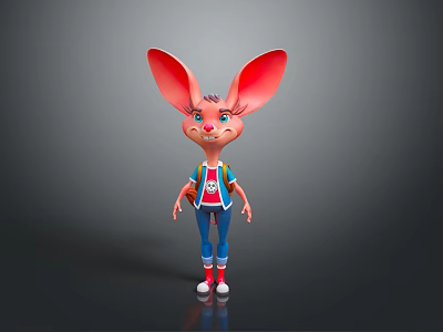 Cute Cartoon Rabbit Character With Big Ears Blue Pants And Red Backpack 3d model