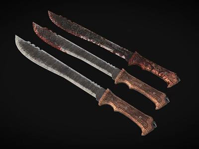 Three Tactical Knives With Textured Blades And Carved Bronze Handles On Black Background 3d model