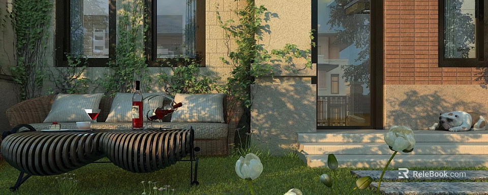 Beautiful Detached Villa Exterior With Lush Green Vines And Outdoor Seating Area 3d model 