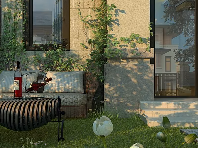 Beautiful Detached Villa Exterior With Lush Green Vines And Outdoor Seating Area 3d model
