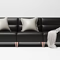 Light Beige Three-Seater Sofa With Black And Beige Cushions Gray Blanket Rose Gold Legs