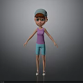 Cartoon Girl With Blue Cap Purple Tank Top Blue Shorts White Shoes And Gray Background