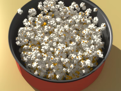 Crunchy Freshly Popped White Popcorn With Yellow Kernels In Red Bowl 3d model