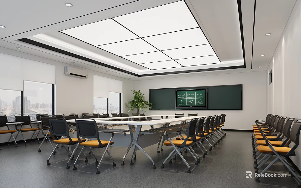 Modern Conference Room Interior With Long Table Chairs Electronic Screen Windows And Green Plant 3d model 