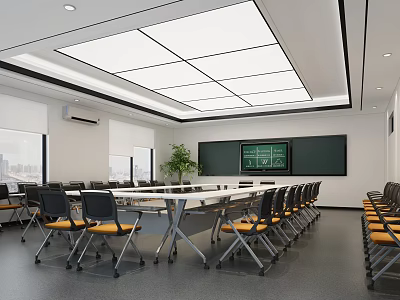Modern Conference Room Interior With Long Table Chairs Electronic Screen Windows And Green Plant 3d model