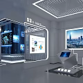 Modern Technology Exhibition Hall With Interactive Display Screens Smart Kiosk And Cityscape Projection
