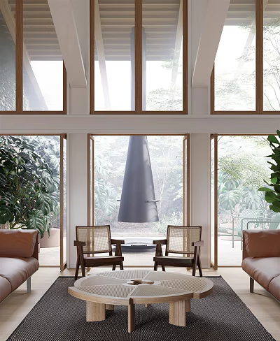 Bright Living Room With Large Windows Green Plants Sofa Chairs And Central Conical Fireplace 3d model
