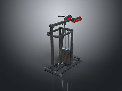 Strength Training Cable Machine Featuring Black Frame Red Handles And Weight Stack 3d model