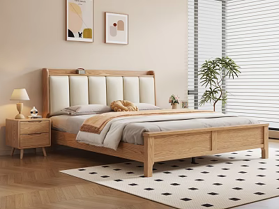 Cozy Bedroom Interior With Wooden Bed Upholstered Headboard Nightstand Table Lamp Wall Art And Blinds 3d model