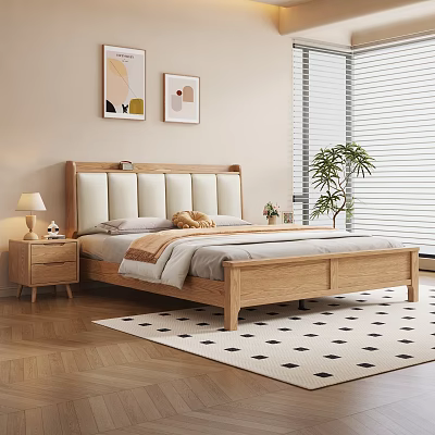 Cozy Bedroom Interior With Wooden Bed Upholstered Headboard Nightstand Table Lamp Wall Art And Blinds 3d model