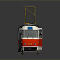 Vintage Red And White Tram Model With Yellow Pantograph Side Windows On Reflective Surface