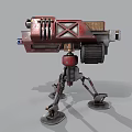 Red Mechanical Turret Weapon With X Shaped Body And Multi Legged Base Gear Mechanism