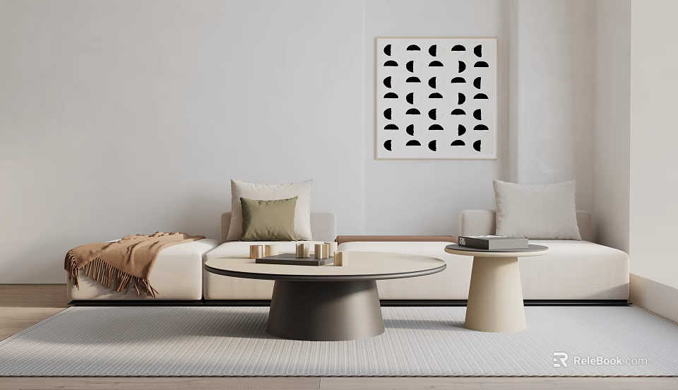 Modern Living Room Interior With White Sofa Pillows Throw Blanket Round Coffee Table Wall Art 3d model 